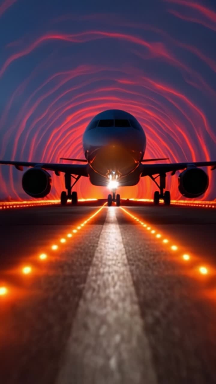 Avión iluminado en la pista rodeado de hipnóticas luces rojas de túnel, creando una escena nocturna dramática e impresionante.