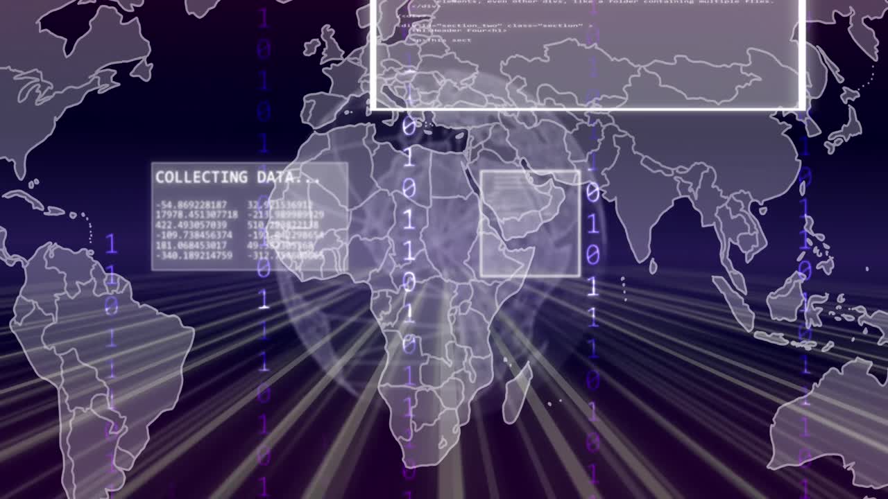 Animation of globe and data processing over world map and screens