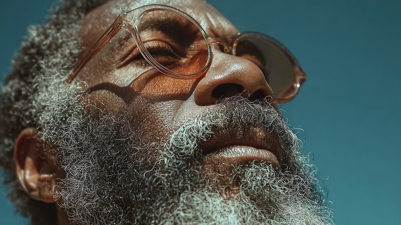 Close-up Portrait of a Thoughtful Individual with Glasses, Showcasing Expressive Features Against a Clear Sky Background, Highlighting Introspection and Serenity