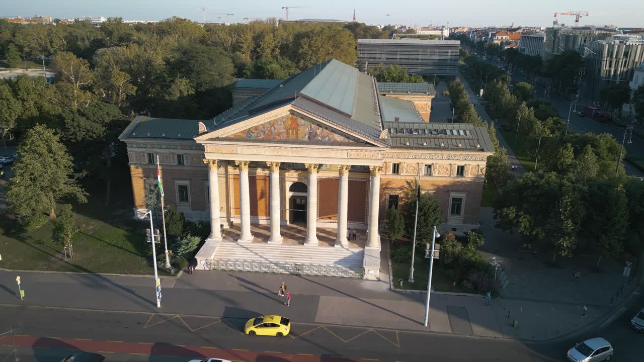 Beautiful Establishing Drone Shot of Budapest Palace of Art in Heroes' Square