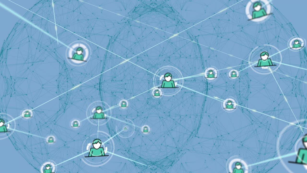 animación de la red de conexiones con iconos sobre formas sobre fondo blanco