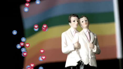 animación de iconos emoji sobre la decoración de la boda y la bandera lgbt