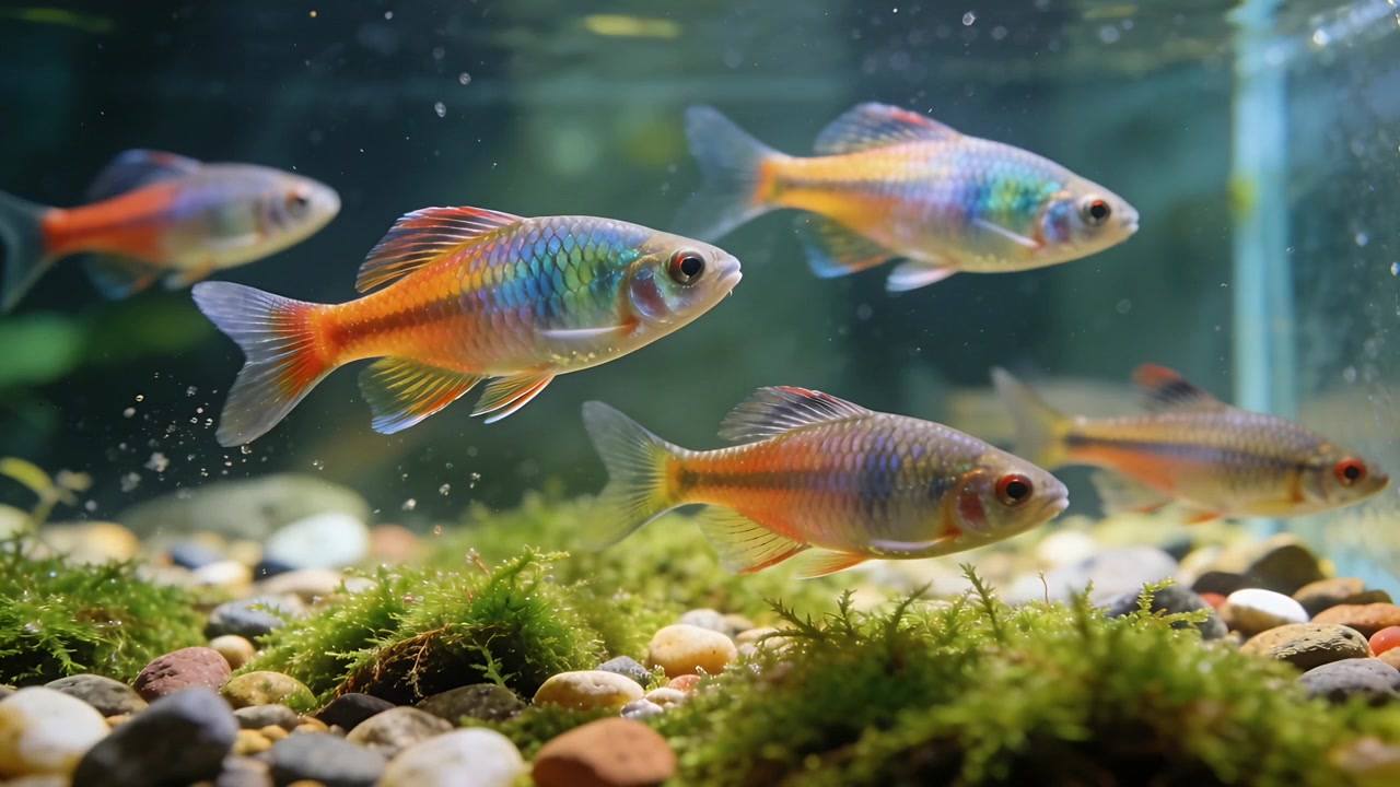 Banco di piccoli pesci colorati da acquario che nuotano, reagendo alle bolle, spostandosi a destra sopra muschio e ghiaia.