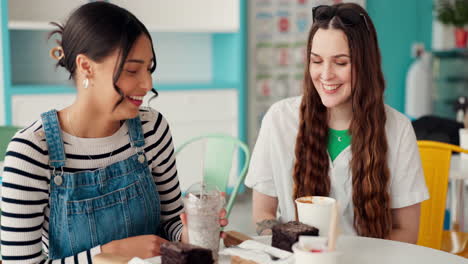 happy, girl friends and smoothie in a restaurant
