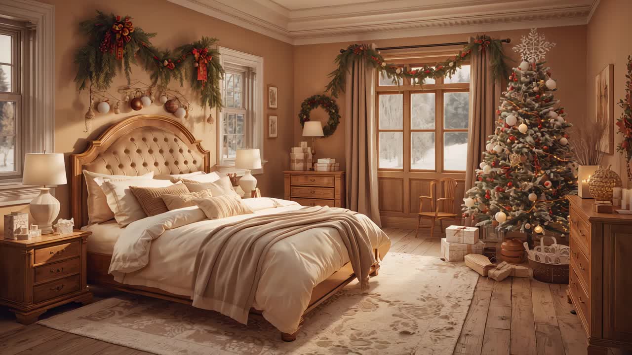 Ripresa panoramica che rivela un letto rifatto con testiera trapuntata in una camera da letto accogliente, che mostra un albero e dei regali