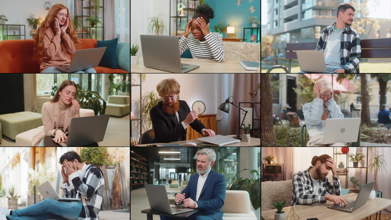 Collage of frustrated people men women use laptop loses fortune loss fail online bad news play game
