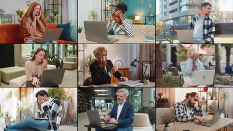 collage of frustrated people men women use laptop loses fortune loss fail online bad news play game