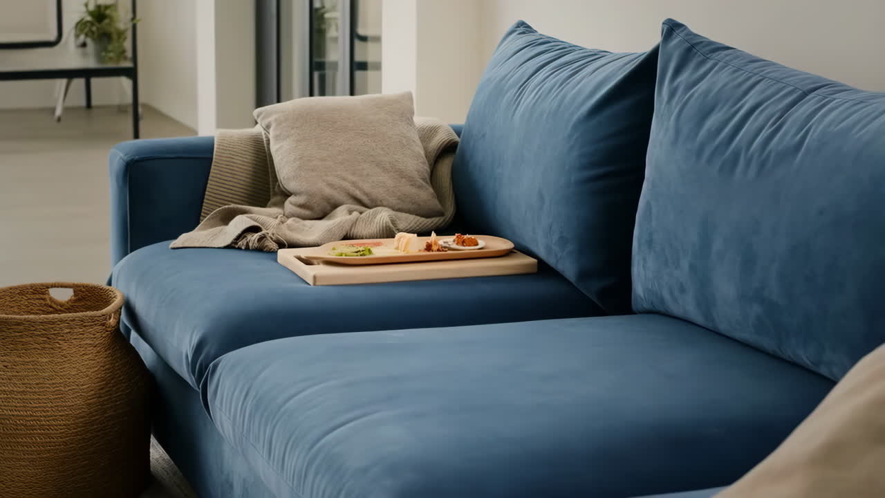 Cozy Blue Sofa in a Modern Living Room with Snacks on a Tray