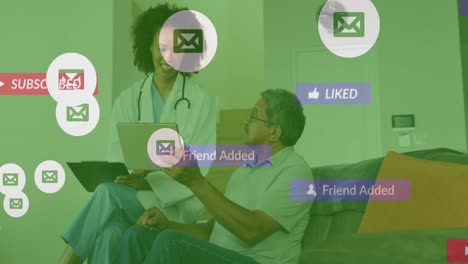 animation of icons, texts in notification bars, diverse doctor and patient talking and using tablet