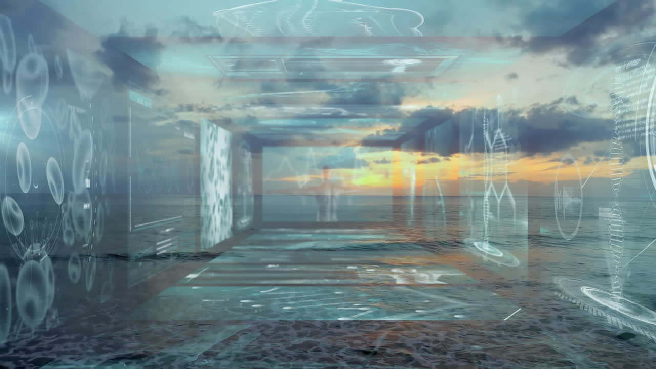 Animation overlaying futuristic digital interface on serene ocean sunset scene