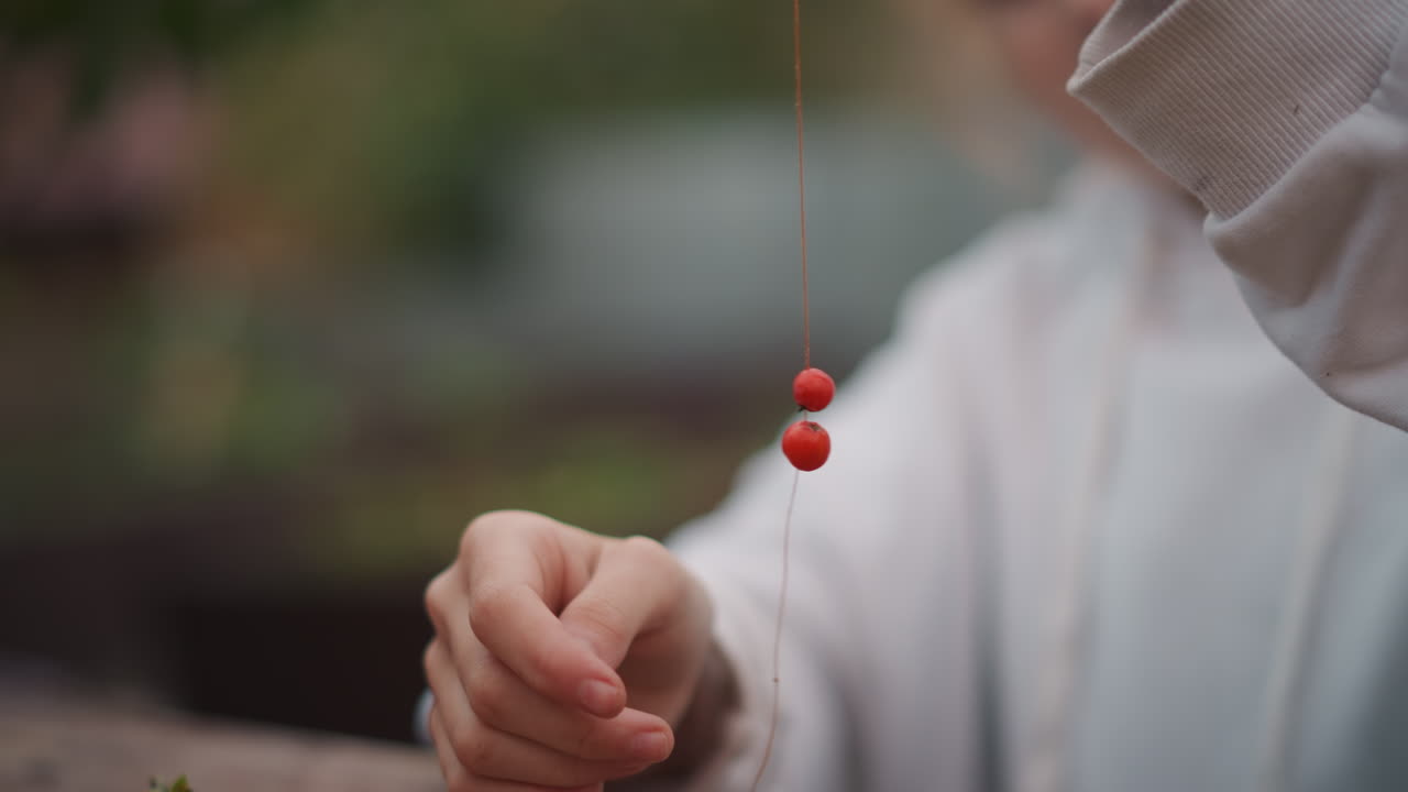 Closeup white child dangling three rowan berries on thin twine, shallow depth of field with soft bokeh, garden backdrop, hoodie sleeve and focused fingers, gentle suspended motion creating tiny