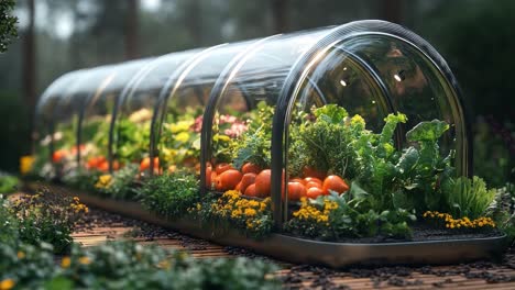 a lush greenhouse filled with vegetables and flowers