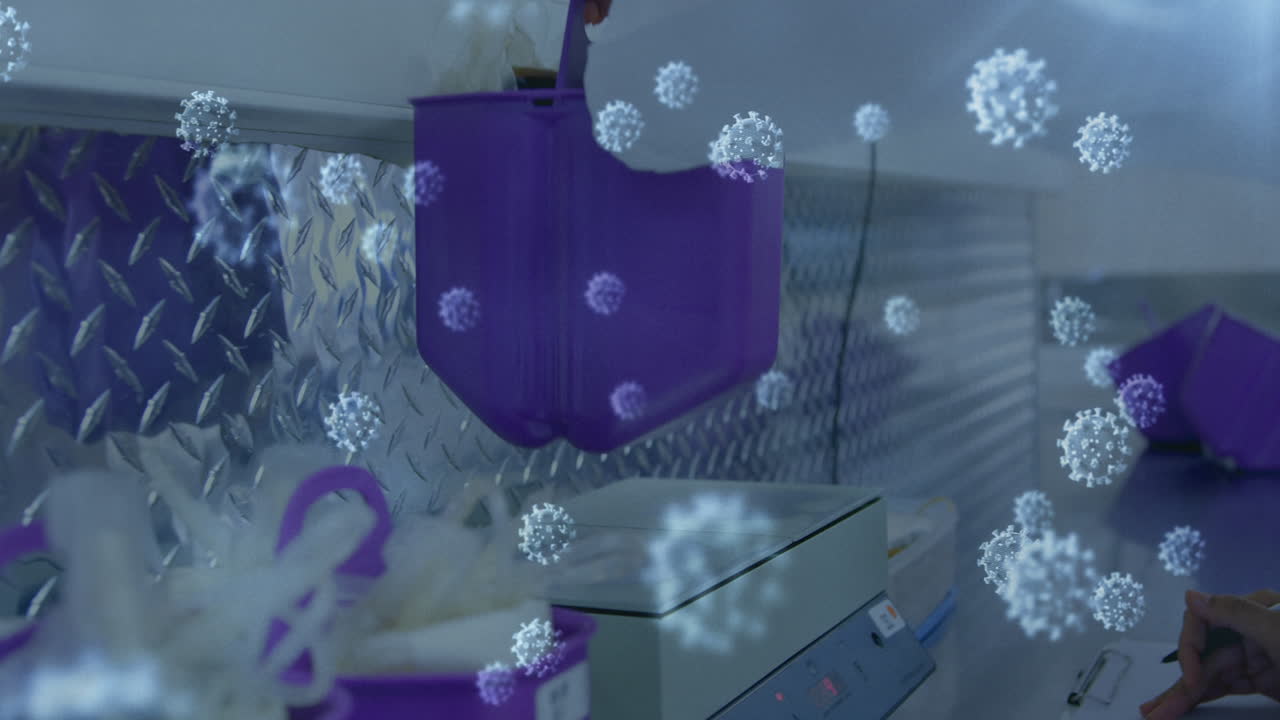 백인 의사 위에 떠다니는 거대 코로나19 세포의 애니메이션