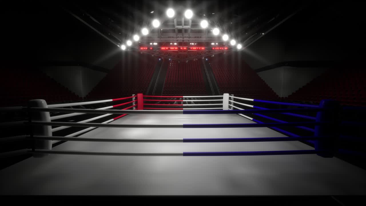 Ring de boxeo vacío con un foco en el cuadrilátero