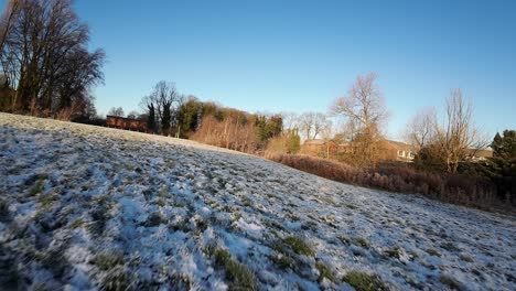 FPV-flying-frosty-winter-woodland-field-through-sunlit-tree-branch-during-golden-hour-sunrise