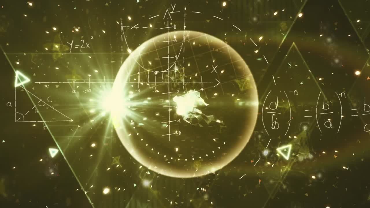 빛나는 초록색 배경에서 움직이는 수학 수식과 모양의 애니메이션