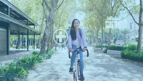 animación de procesamiento de datos financieros con iconos sobre mujer biracial montando bicicleta