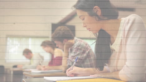 school concept icons over white lined paper against asian female student studying at college