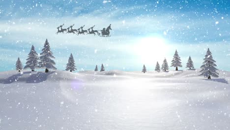 Digitale-Animation-Von-Schnee,-Der-über-Bäume-In-Einer-Winterlandschaft-Fällt,-Und-Einer-Schwarzen-Silhouette-Des-Weihnachtsmanns
