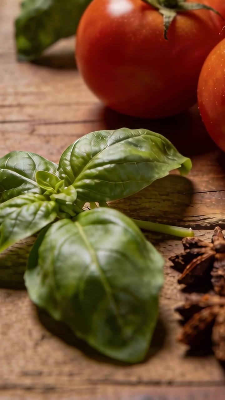 Video verticale: Telecamera che scorre su un mazzetto di basilico e pomodori rossi su una tavola, mostrando venature e spezie.