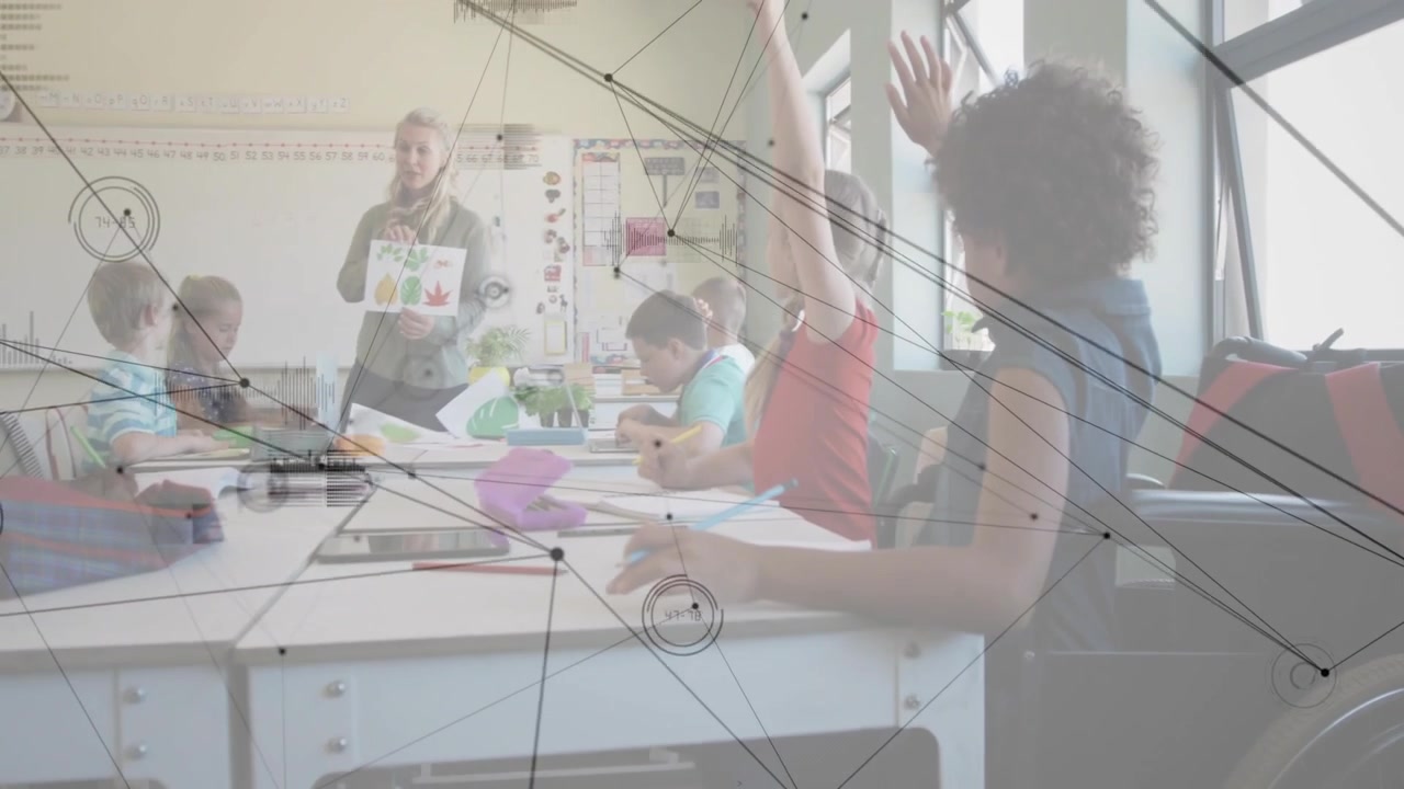Teacher presenting art in education wheelchair child raising hand to ask question HUD overlaying