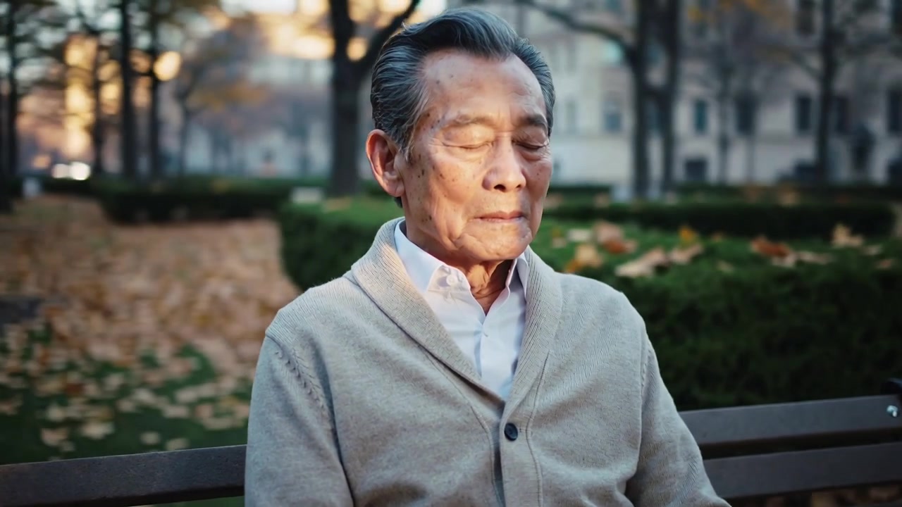 坐着的亚洲老年男子身穿开衫，在公园长椅上挪动身体，镜头逐渐拉近，他在秋日阳光下休憩。