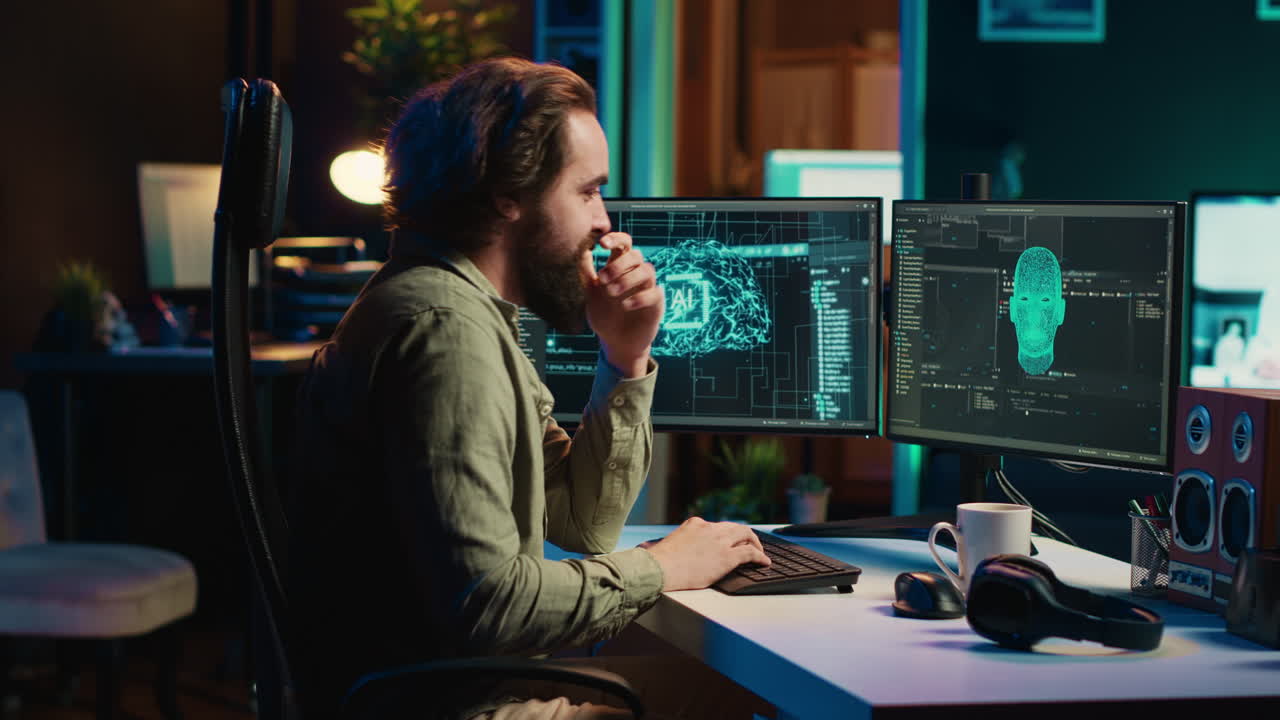 hombre satisfecho orgulloso de hacer que la inteligencia artificial sensible haga preguntas