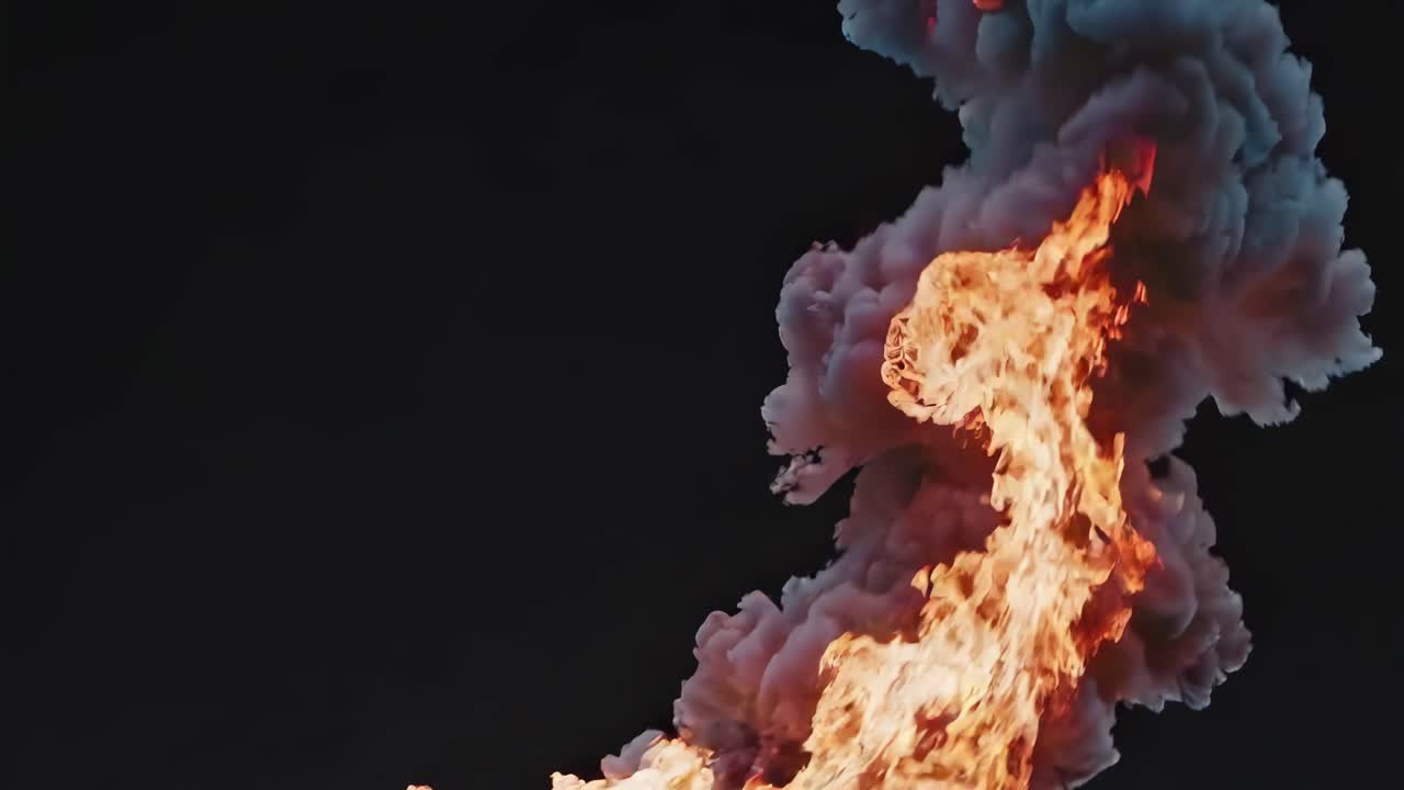Dramatic close-up video of swirling flames and smoke against a dark background, captured from a low
