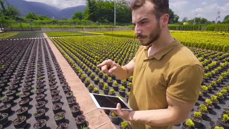 un joven ingeniero agrícola trabaja en un invernadero.