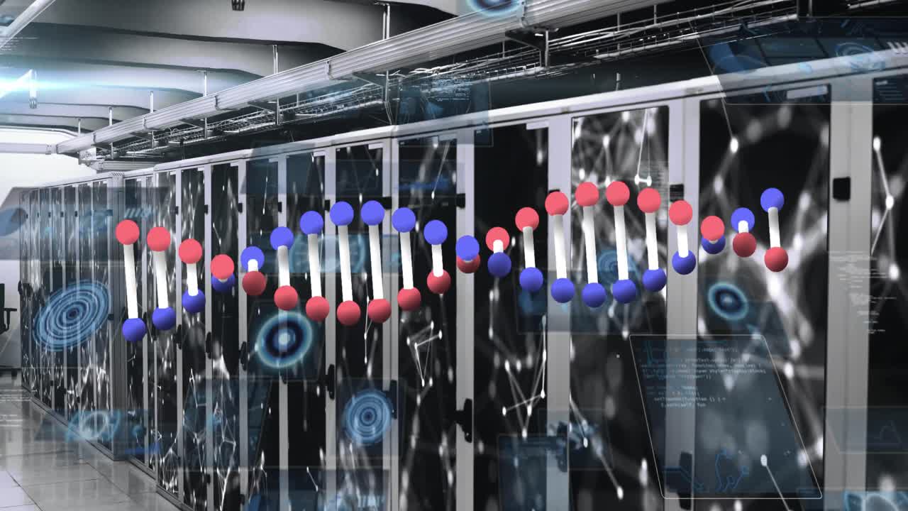 animación de la hilatura de cadenas de adn y procesamiento de datos sobre el ejercicio del hombre fuerte