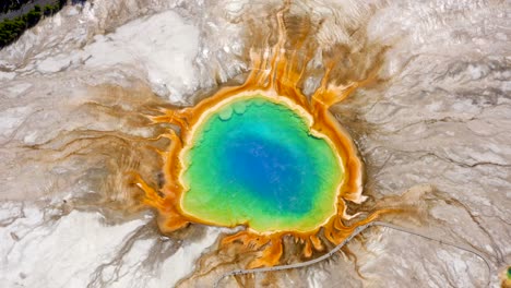 aerial 4k footage of grand prismatic spring in yellowstone national park, wyoming, usa