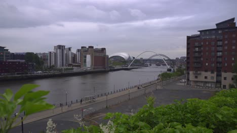 overcast evening view across newcastle upon tyne from a raised area showing the baltic art center, sage theater and the famous bridges