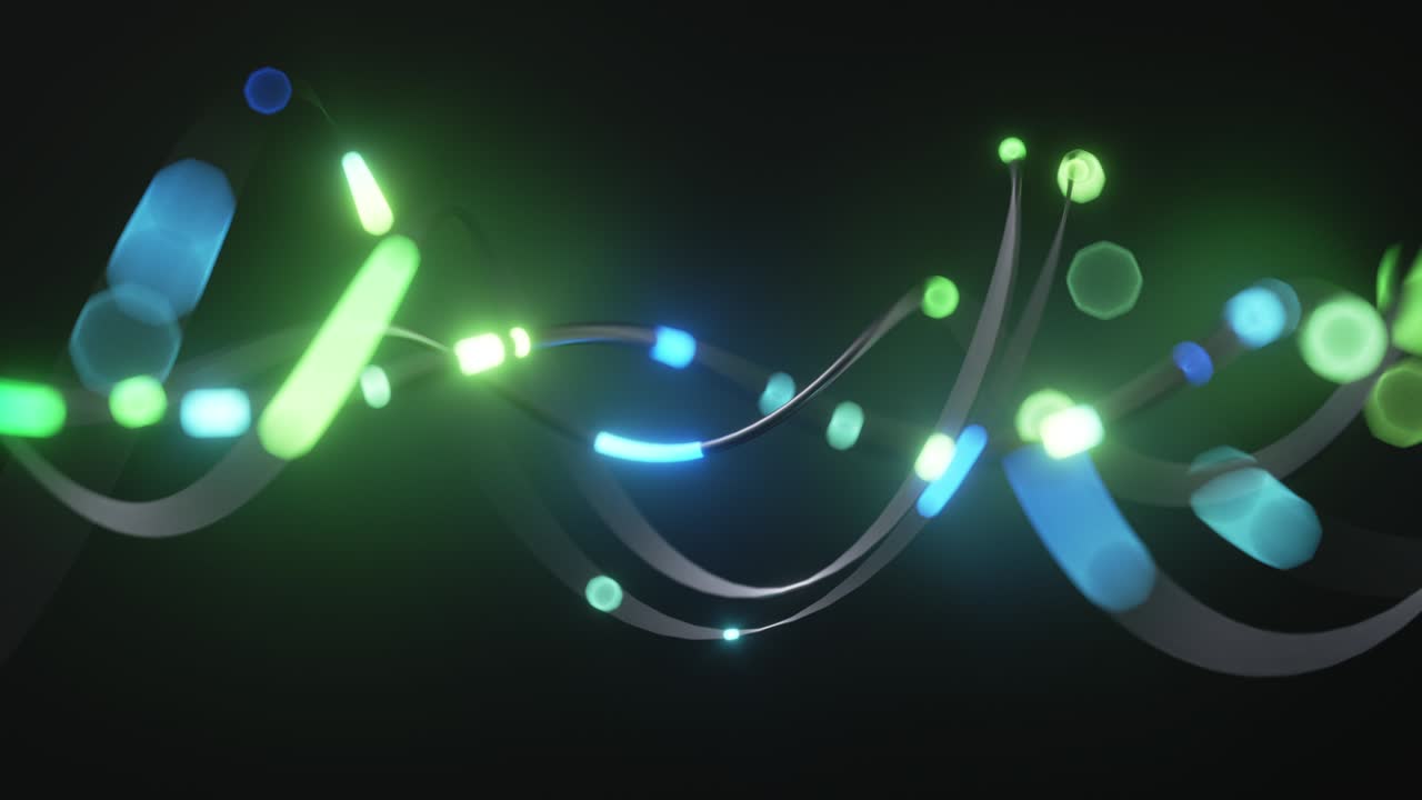 3d 사이클링 애니메이션, 움직이는 녹색 보케 조명과 함께 추상적인 기술 배경, 전선과 케이블을 통과하는 정보 충동, 인터넷 연결, 빅 데이터 전송