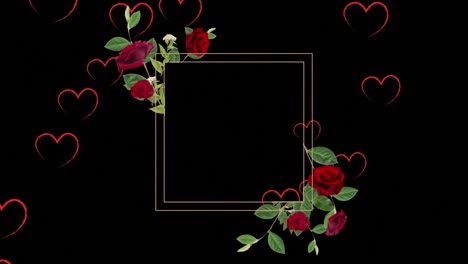 Animation-of-roses,-hearts-and-rectangle-on-black-background