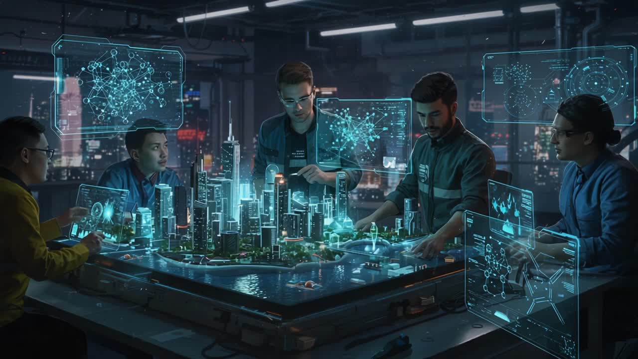 Collaborative Urban Planning: A Group of Engineers Utilizing Advanced Technology to Design a Futuristic City Model with Interactive Digital Displays and Data Visualizations