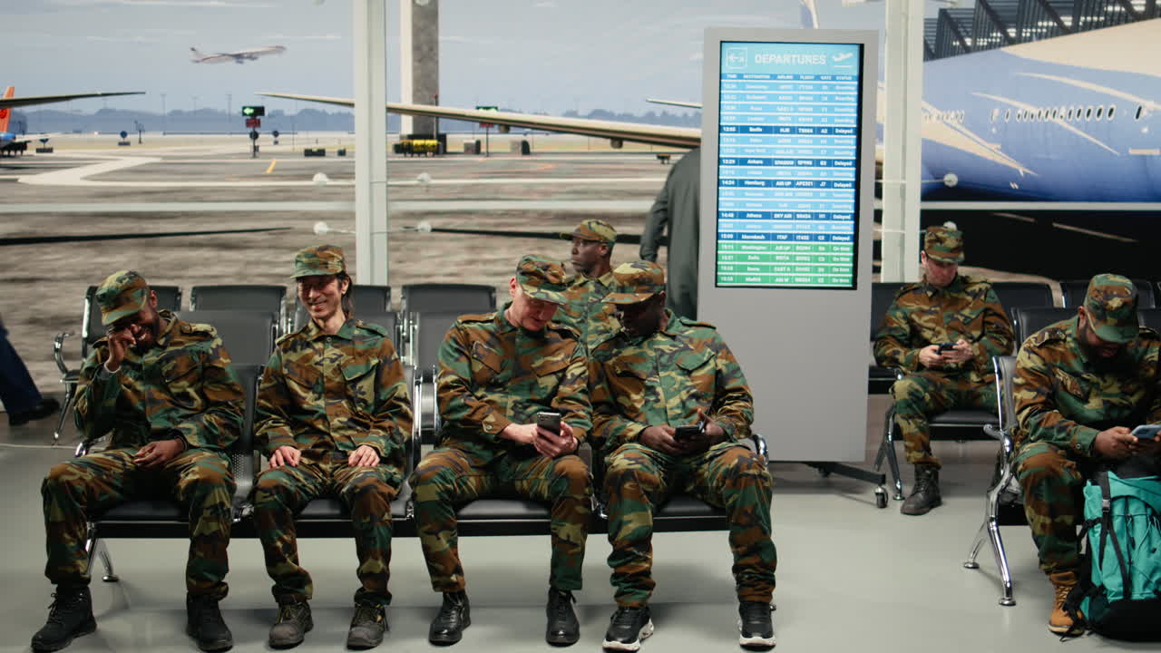 Felice squadra militare in attesa dell'aereo in una affollata lounge dell'aeroporto