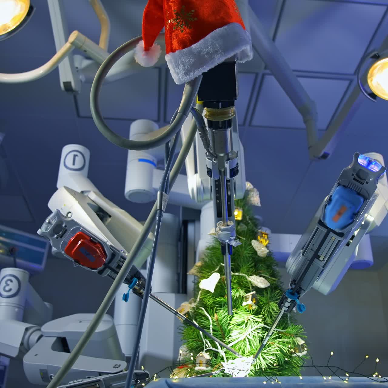 Artificial intelligence robot decorating Christmas tree while preparing to the holidays. Cropped view