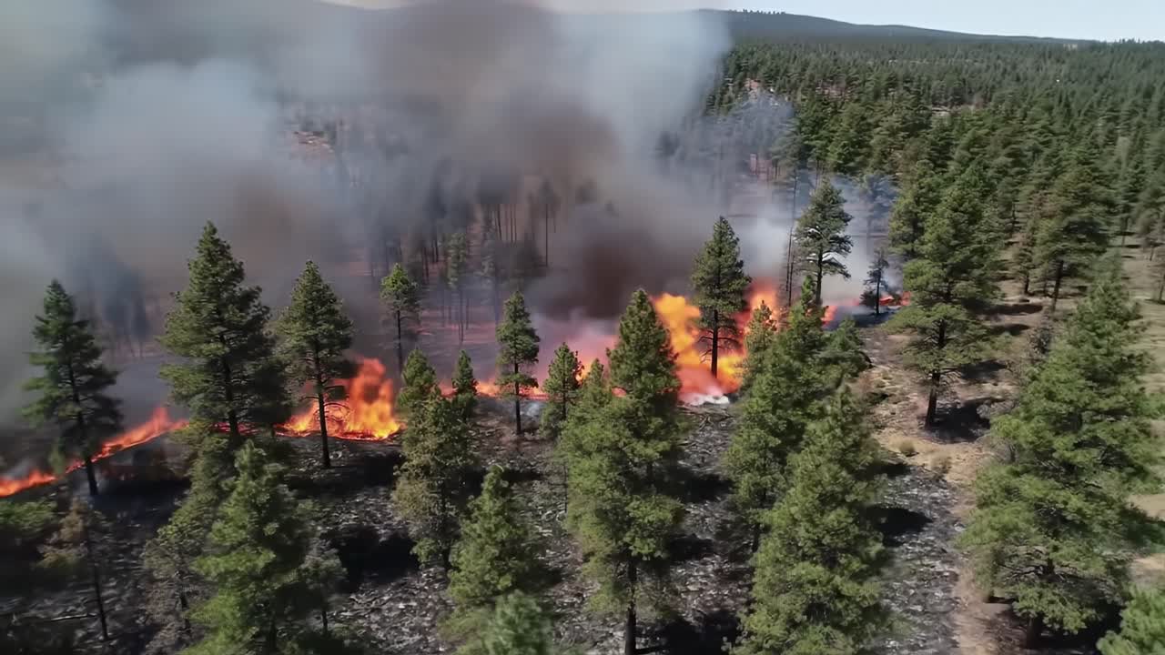 Veduta aerea di un incendio boschivo che avvolge un paesaggio alberato con fumo denso che si sprigiona e fiamme che divorano gli alberi, evidenziando la ferocia e l'impatto delle fiamme della natura.