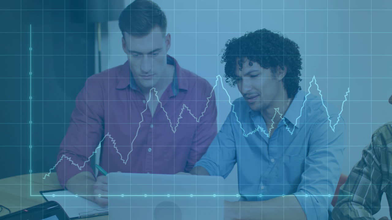 Animation of financial data processing over diverse colleagues discussing work in office