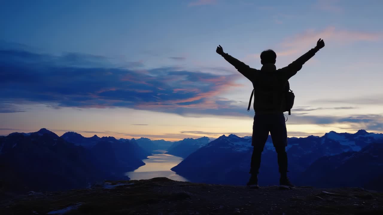 Silhouette of a Man on a Mountain Top at Sunset