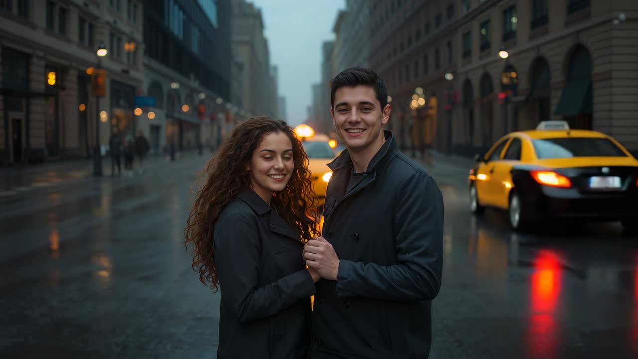 Standing couple holding hands at dusk in wet street, yellow taxi approaching, passing disappearing