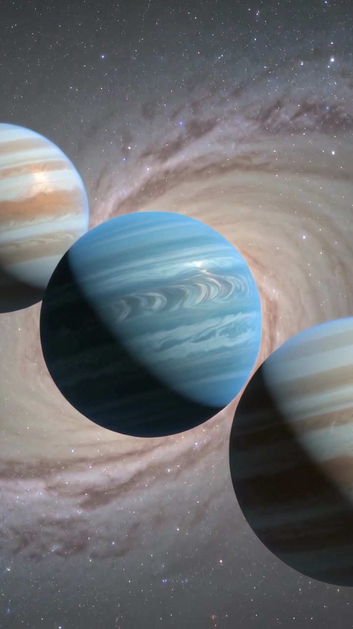 Vertical video: Panning, blue banded giant showing shade in space with two brown giants and galaxy