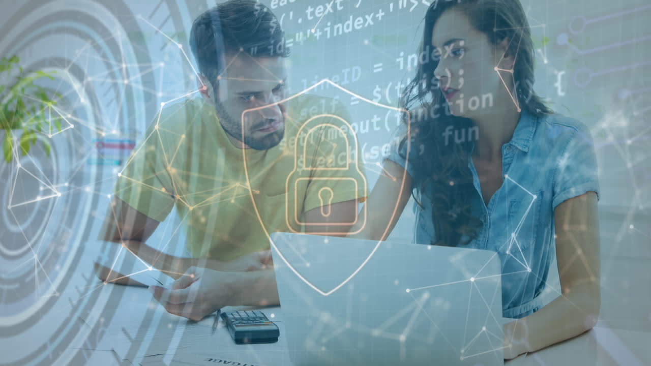 animación de candado, puntos conectados, lenguaje informático, pareja caucásica analizando gastos
