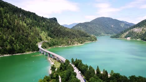 drone footage of the faller-klamm-bridge at sylvensteinsee, bavaria, germany