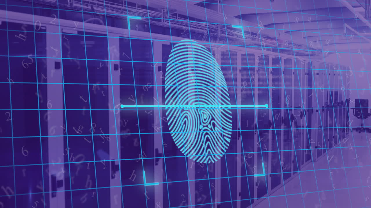 Fingerprint scanning animation over data servers in server room