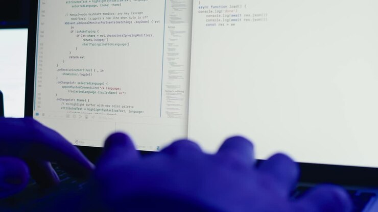 Primo piano di mani di sviluppatori che digitano codice su un portatile