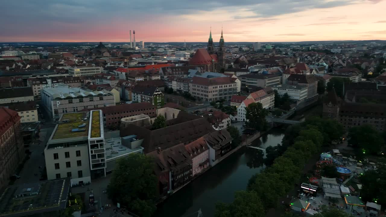 4K Aerial Drone Video of City-Beach and Skyline of Downtown Nurnberg, Germany along the Pegnitz River
