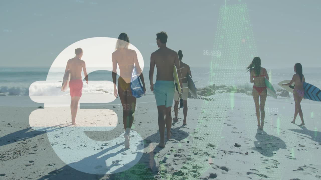 Animation eines Euro-Währungssymbols, eines Diagramms, Rückansicht verschiedener Freunde mit Surfbrettern, die am Strand gehen