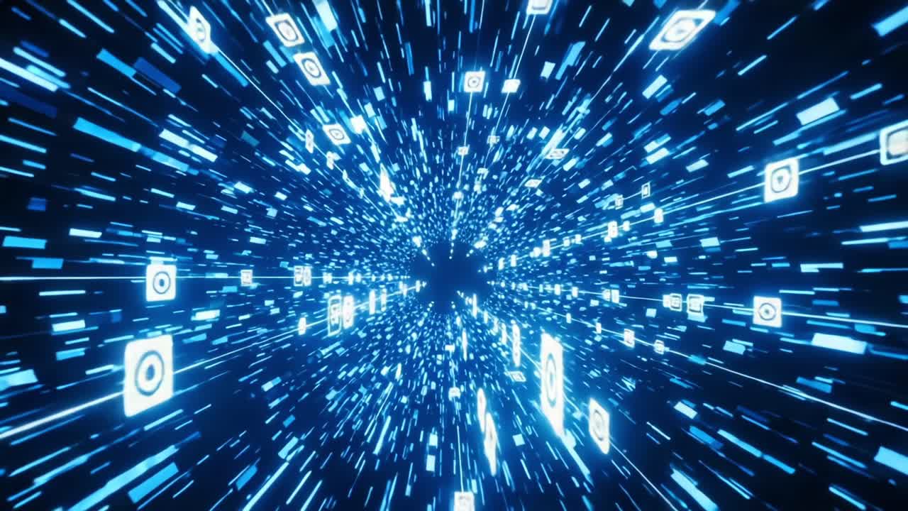 Dynamic Flow of Digital Icons through a Hyperspace Tunnel, Symbolizing Connectivity, Data Transfer, and the Transformative Nature of Technology in the Modern Era