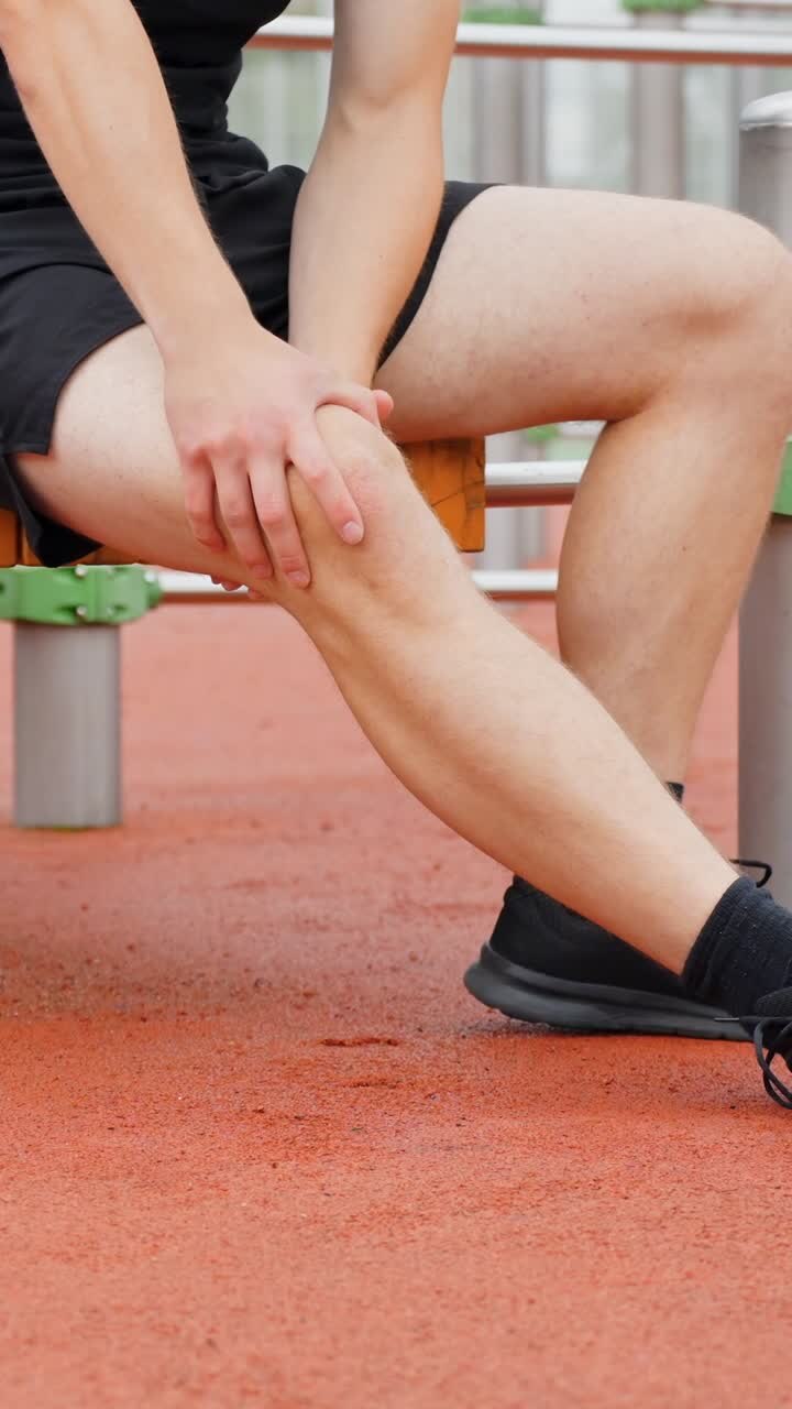 Injured caucasan athlete sitting down holding his knee, feeling a sharp pain after a workout, experiencing joint problem, health issue in his leg, vertical static slow motion close up